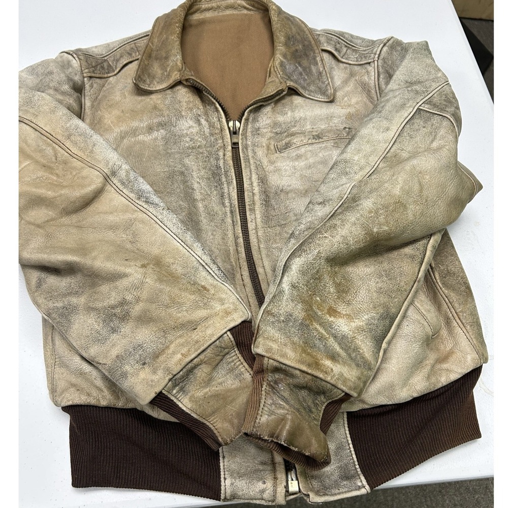 80s Leather Bomber Jacket Mens Medium Tan Distressed Vintage Aviator
